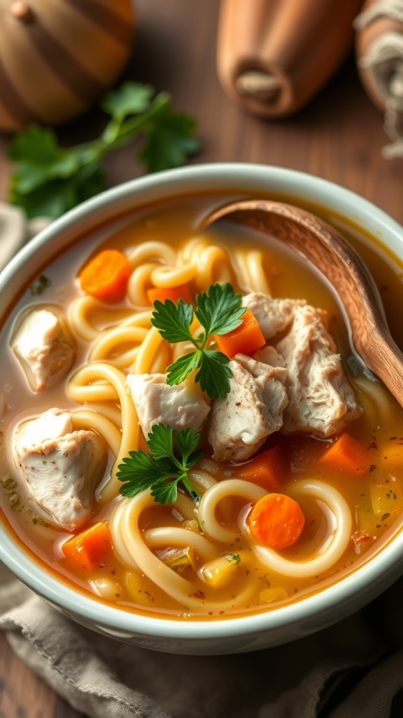 Chicken Egg Noodle Soup Recipe A bowl of chicken egg noodle soup with chicken, egg noodles, carrots, and celery, garnished with parsley, on a wooden table.